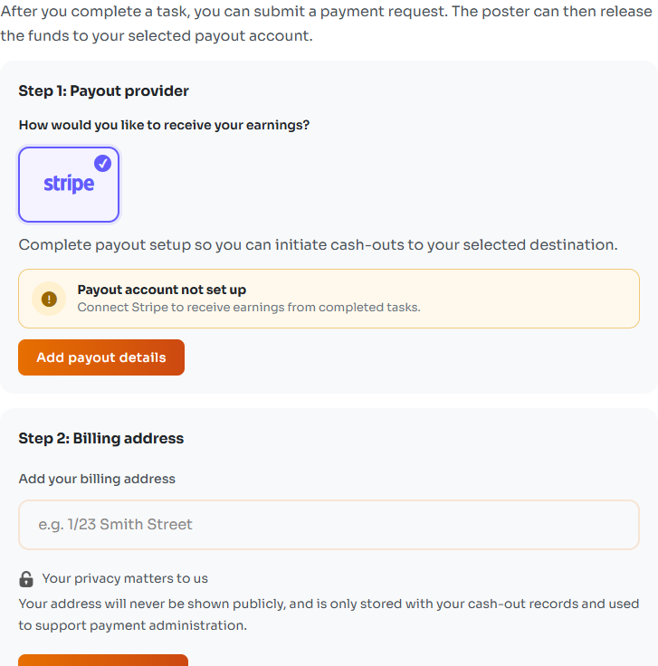 Receive payments settings showing payout setup and billing address