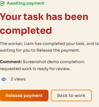 Poster task controls with Release payment and Back to work