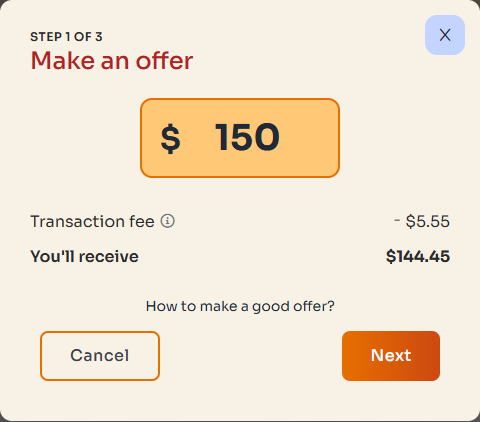 Offer form showing the offer amount, service fee, and net earnings