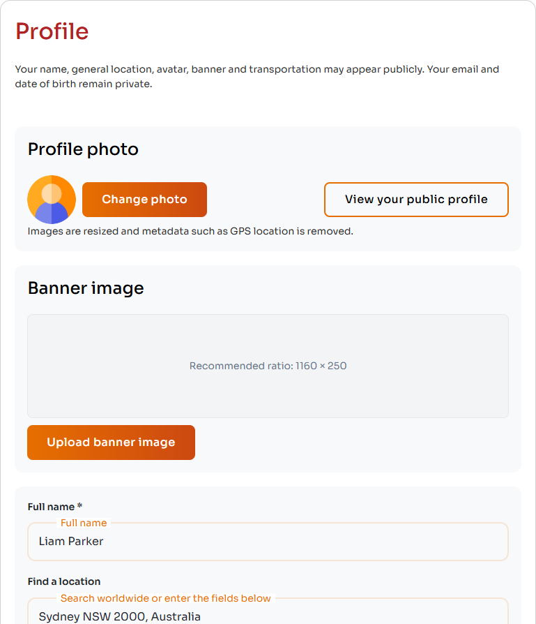 Worker profile page with profile photo, banner image, name, and location fields