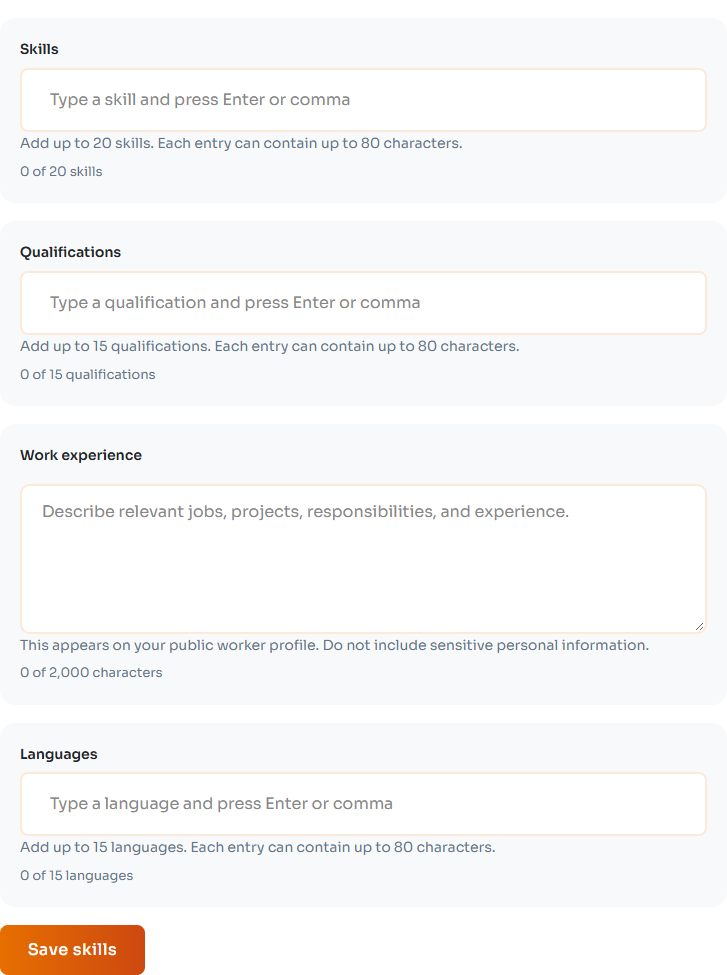 Skills editor showing skills, qualifications, experience, languages, and Save skills