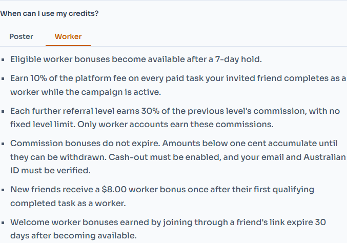 Worker tab showing commission rules and cash-out eligibility