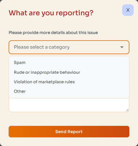 Report dialog with category choices and Send Report button