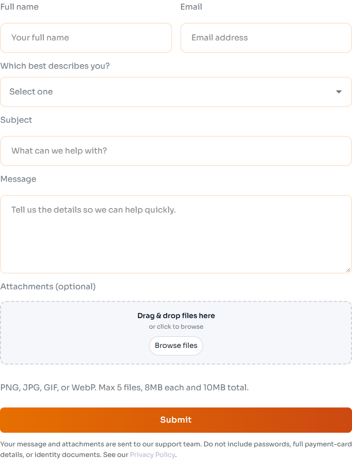 Support form with role, subject, message, and optional attachments
