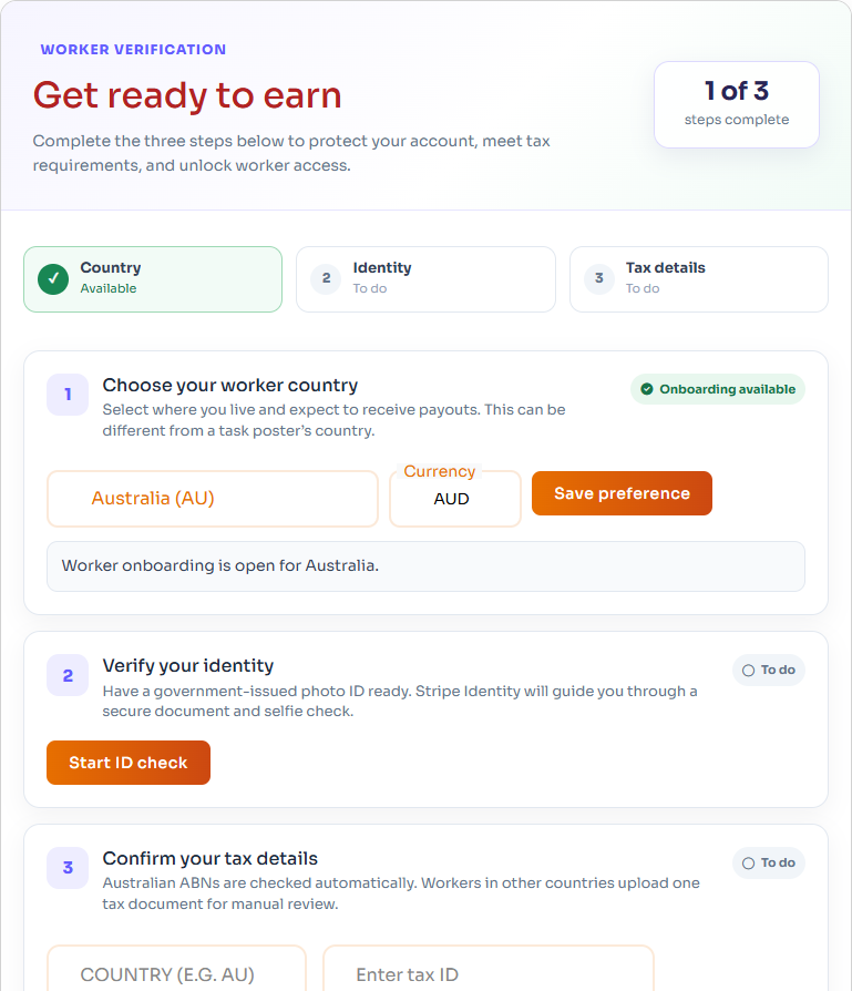 Worker verification page showing country, identity, and tax-detail steps